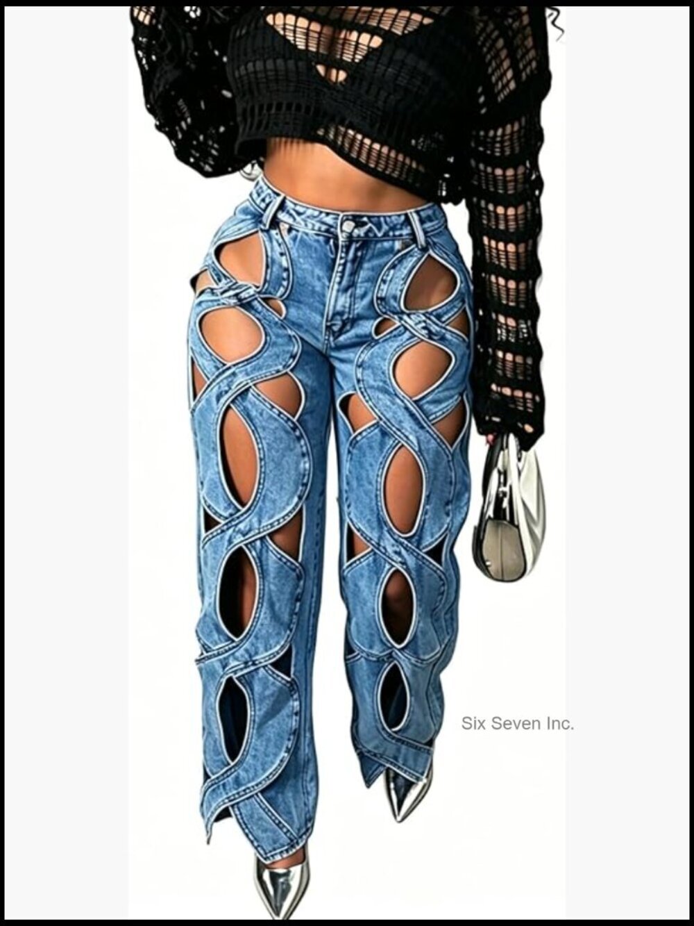 High Waist Cutout Jeans Y2K Cable Twist Hollow Out Wide Leg Denim Pants